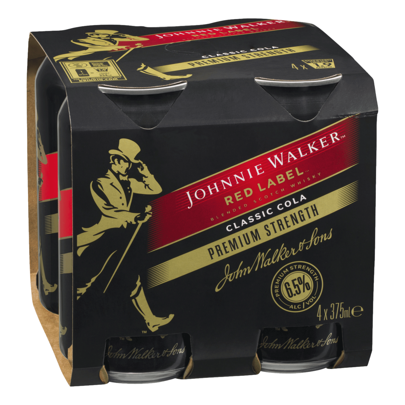 Johnnie Walker Premium Strength & Cola 6.5% 375ml Can 4 Pack