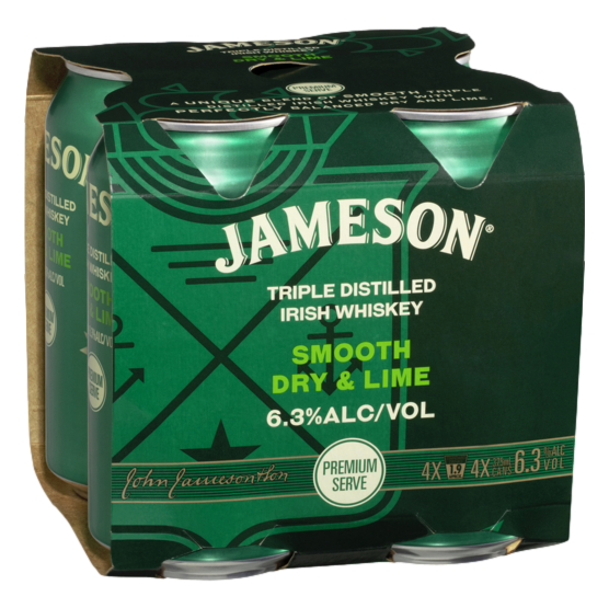 Jameson Smooth Dry & Lime Premium Serve 6.3% 375ml Can 4 Pack