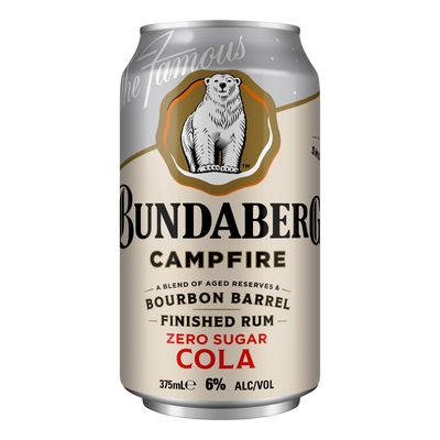 Bundaberg Campfire Bourbon Barrel Rum & Cola ZERO SUGAR 6% 375ml Can 4 Pack