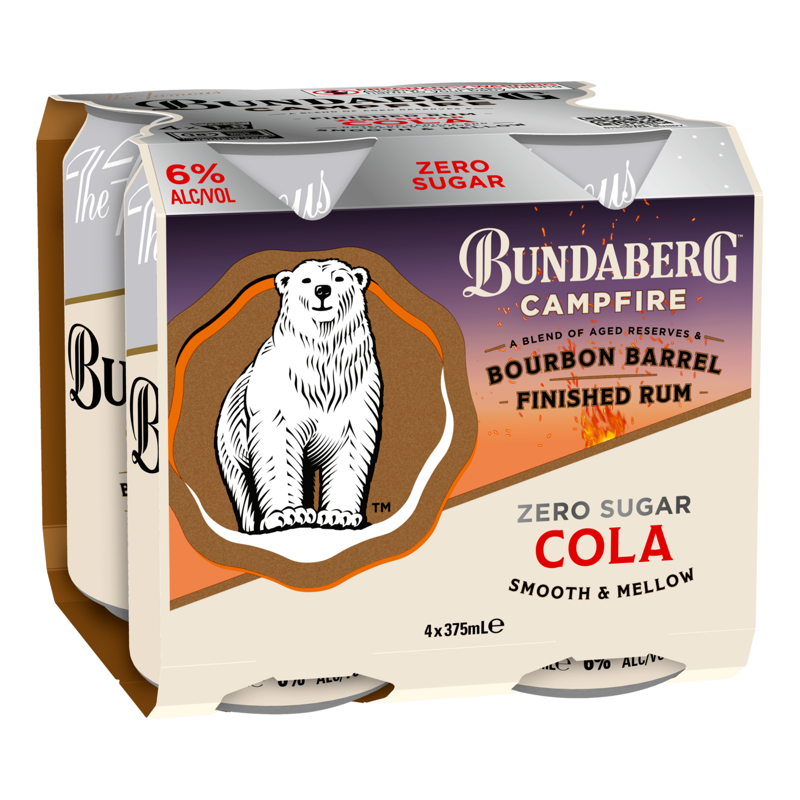 Bundaberg Campfire Bourbon Barrel Rum & Cola ZERO SUGAR 6% 375ml Can 4 Pack