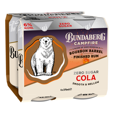 Bundaberg Campfire Bourbon Barrel Rum & Cola ZERO SUGAR 6% 375ml Can 4 Pack