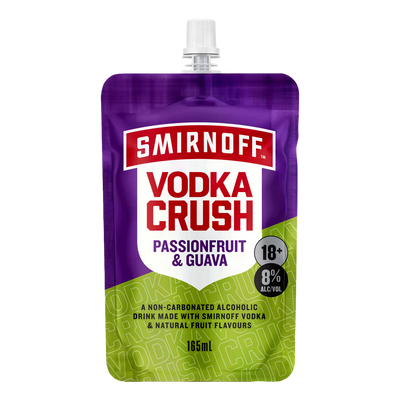 Smirnoff Vodka CRUSH Passionfruit & Guava ZERO SUGAR 8% 165ml Pouch Case of 8