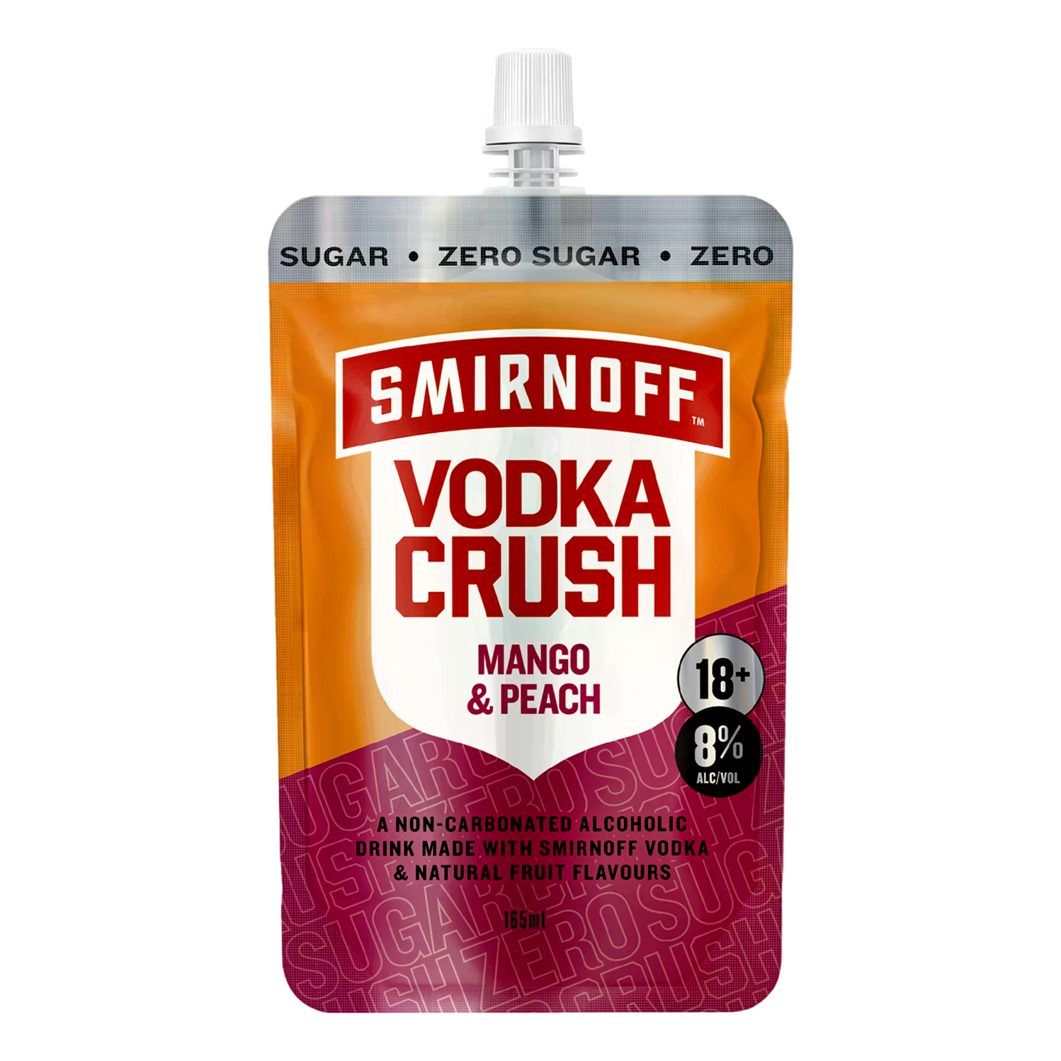 Smirnoff Vodka CRUSH Mango & Peach ZERO SUGAR 8% 165ml Pouch Single