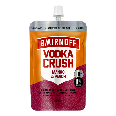 Smirnoff Vodka CRUSH Mango & Peach ZERO SUGAR 8% 165ml Pouch Case of 8