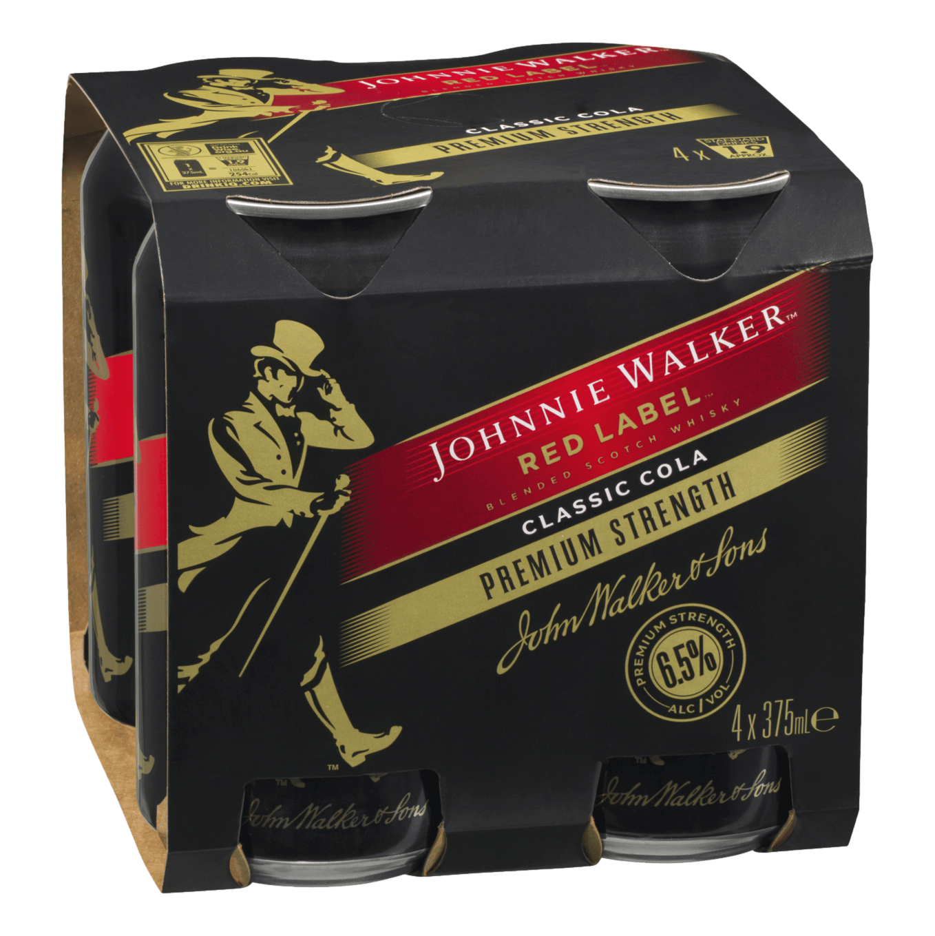 Johnnie Walker Red Premium Strength & Cola 6.5% 375ml Can 4 Pack
