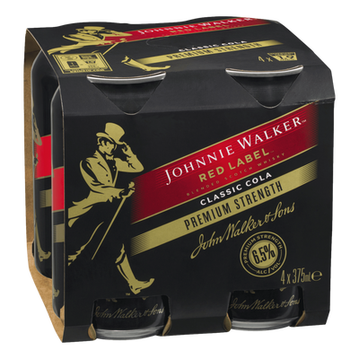 Johnnie Walker Red Premium Strength & Cola 6.5% 375ml Can 4 Pack