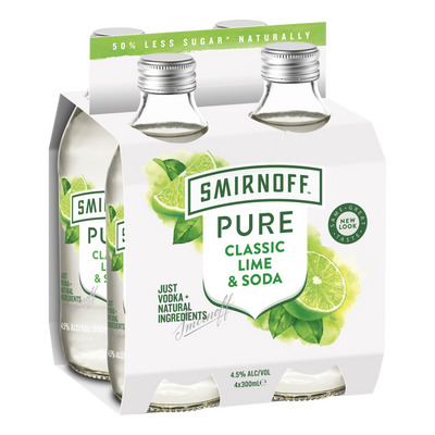 Smirnoff Pure Classic Lime & Soda 300ml Bottle 4 Pack