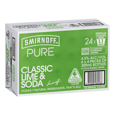 Smirnoff Pure Classic Lime & Soda 300ml Bottle Case of 24