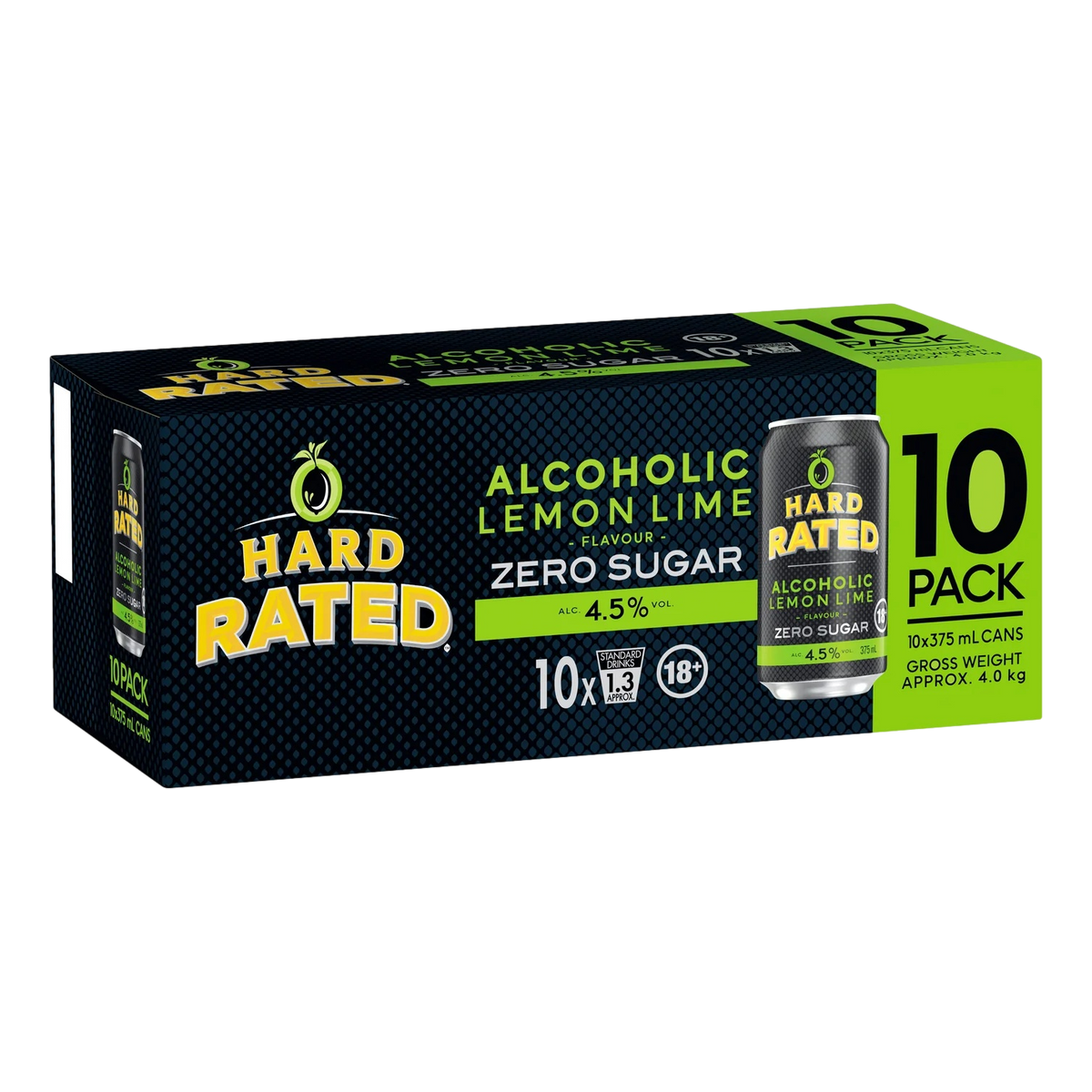 Hard Rated ZERO SUGAR Alcoholic Lemon Lime 4.5% 375ml Can 10 Pack