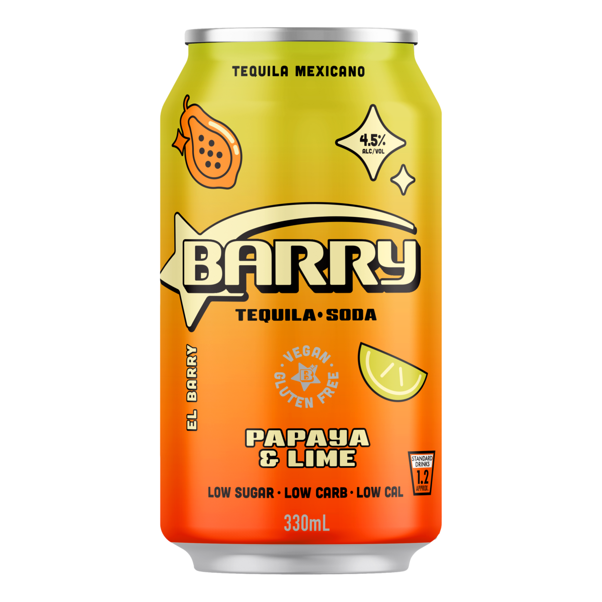 Barry Papaya & Lime Tequila Soda 330ml Can 4 Pack