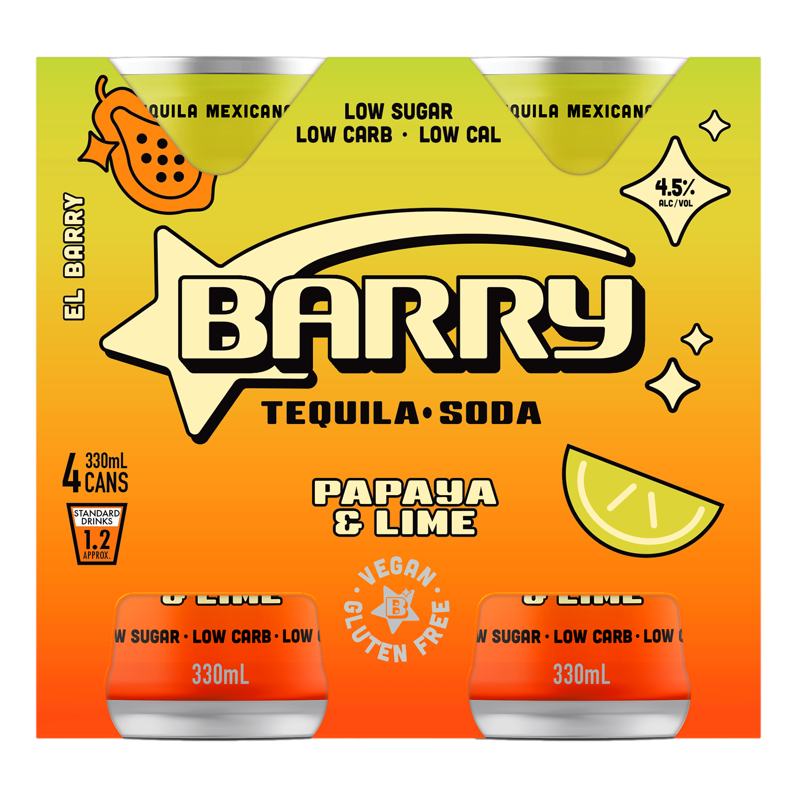 Barry Papaya & Lime Tequila Soda 330ml Can 4 Pack