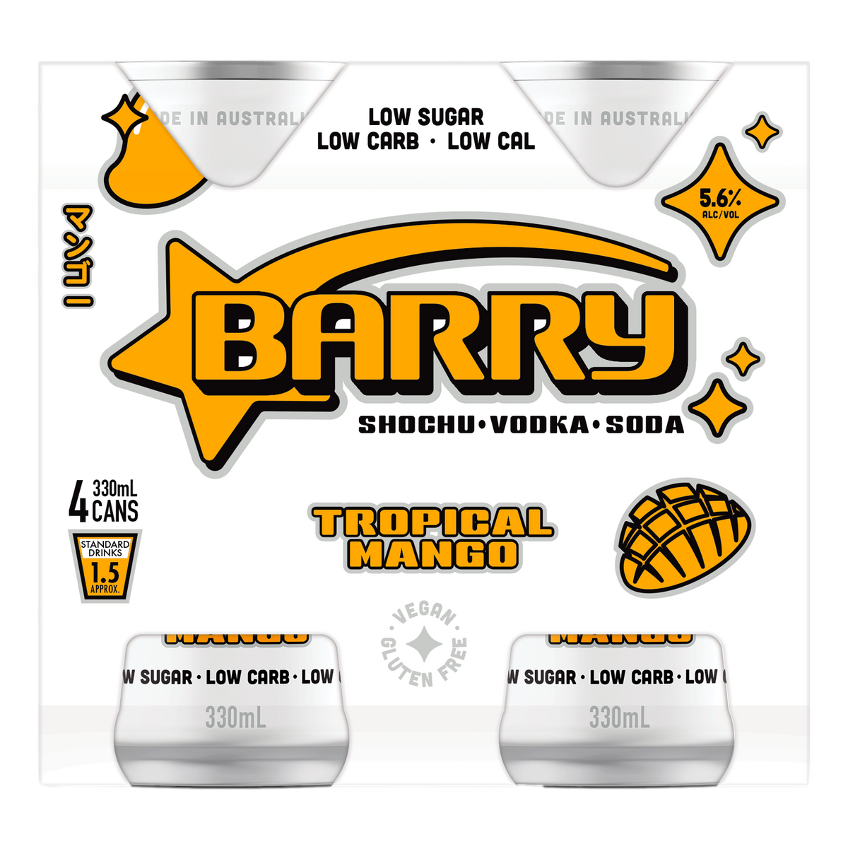 Barry Tropical Mango Shochu Vodka Soda 330ml Can 4 Pack