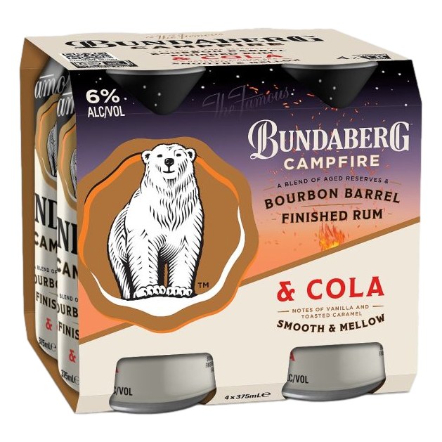 Bundaberg Campfire Bourbon Barrel Rum & Cola 6% 375ml Can 4 Pack