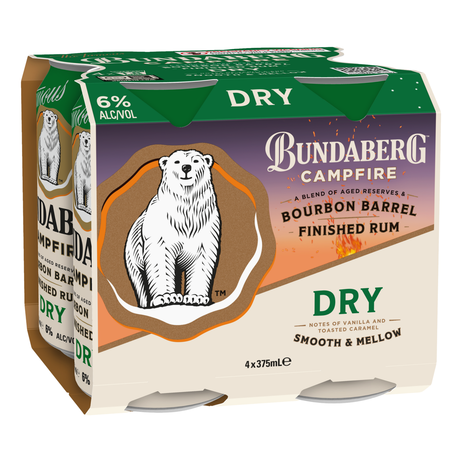 Bundaberg Campfire Bourbon Barrel Rum & Dry 6% 375ml Can 4 Pack - Camperdown Cellars