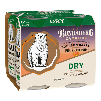 Bundaberg Campfire Bourbon Barrel Rum & Dry 6% 375ml Can 4 Pack - Camperdown Cellars