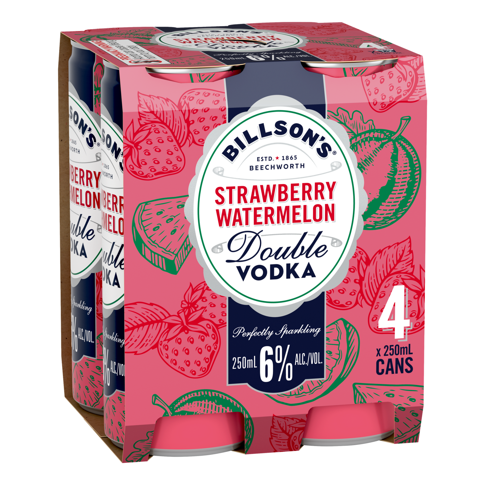 Billson's Strawberry Watermelon DOUBLE Vodka 6% 250ml Can 4 Pack