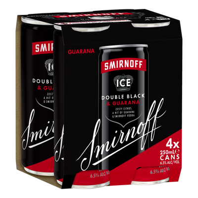 Smirnoff Ice Double Black Guarana 6.5% 250ml Can 4 Pack - Camperdown Cellars