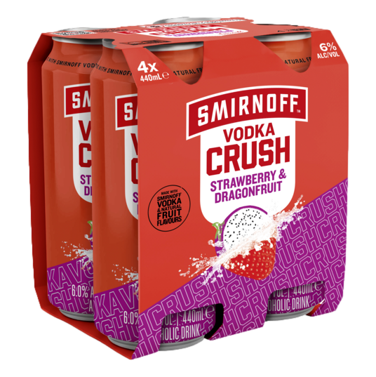 Smirnoff Vodka CRUSH Strawberry & Dragonfruit 6% 440ml Can  4 Pack