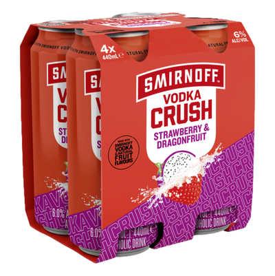 Smirnoff Vodka CRUSH Strawberry & Dragonfruit 6% 440ml Can  4 Pack