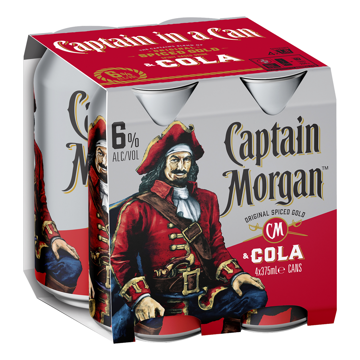 Captain Morgan Original Spiced Gold Rum & Cola 6% 375ml Can 4 Pack