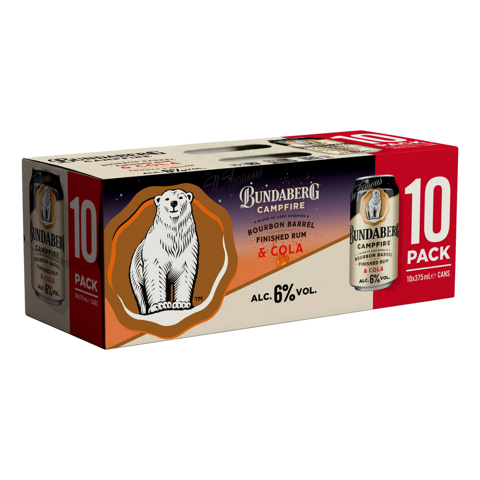 Bundaberg Campfire Bourbon Barrel Rum & Cola 6% 375ml Can 10 Pack - Camperdown Cellars