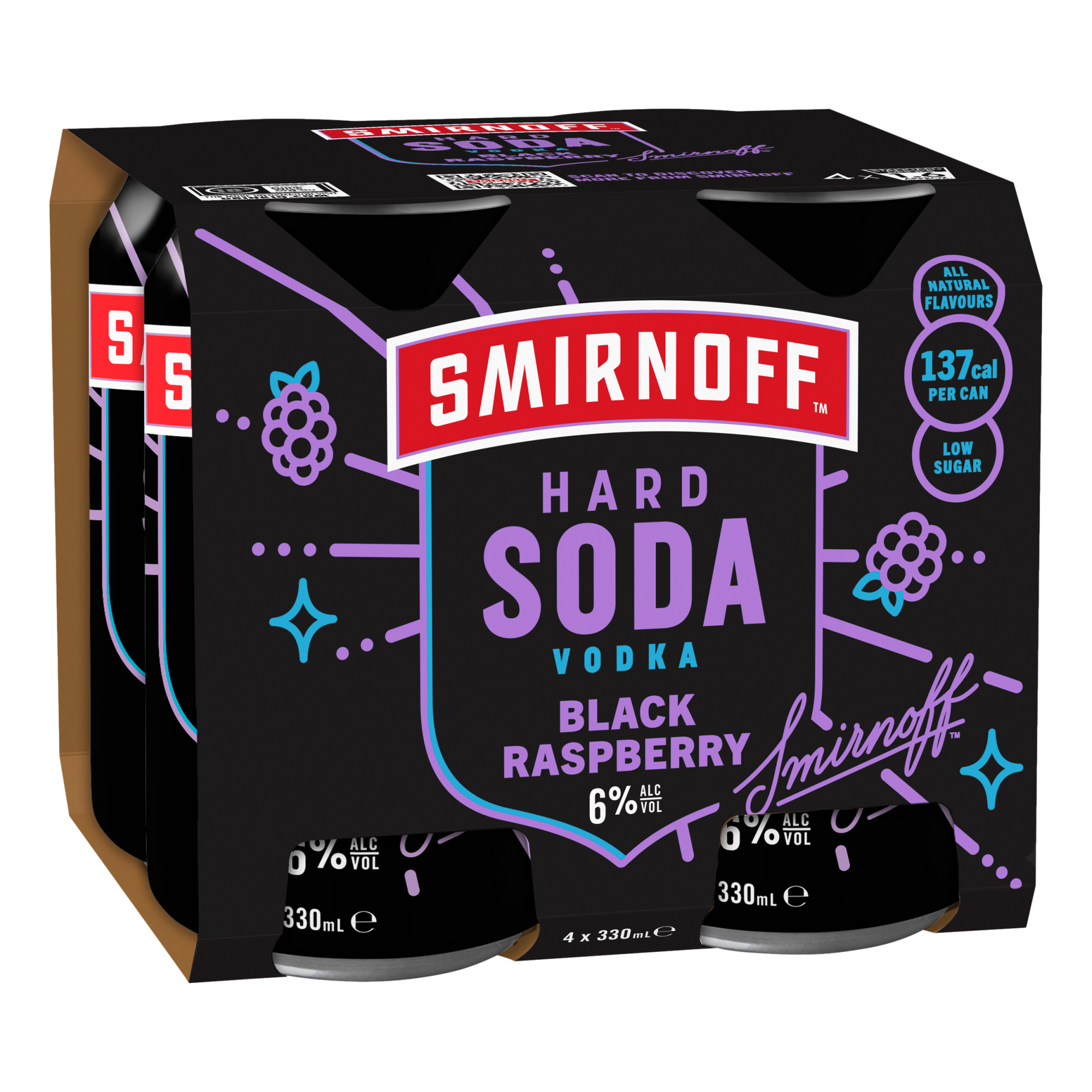 Smirnoff Hard Soda Black Raspberry Vodka 6% 330ml Can 4 Pack