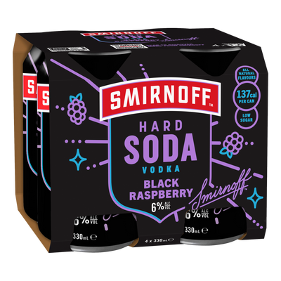 Smirnoff Hard Soda Black Raspberry Vodka 6% 330ml Can 4 Pack