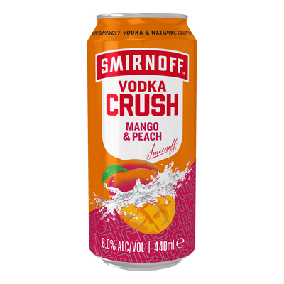 Smirnoff Vodka CRUSH Mango & Peach 6% 440ml Can 4 Pack