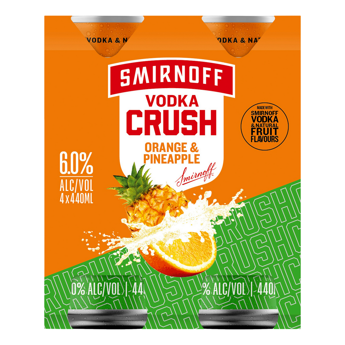 Smirnoff Vodka CRUSH Orange & Pineapple 6% 440ml Can  4 Pack