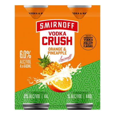 Smirnoff Vodka CRUSH Orange & Pineapple 6% 440ml Can  4 Pack