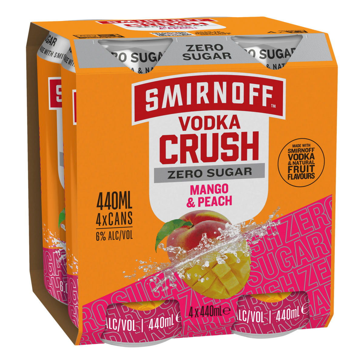 Smirnoff Vodka CRUSH Mango & Peach ZERO SUGAR 6% 440ml Can  4 Pack