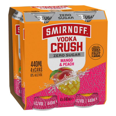 Smirnoff Vodka CRUSH Mango & Peach ZERO SUGAR 6% 440ml Can  4 Pack