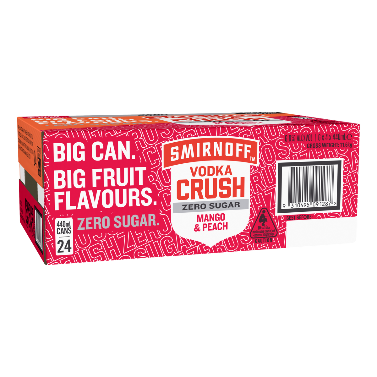 Smirnoff Vodka CRUSH Mango & Peach ZERO SUGAR 6% 440ml Can Case of 24