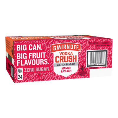 Smirnoff Vodka CRUSH Mango & Peach ZERO SUGAR 6% 440ml Can Case of 24