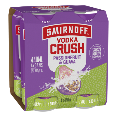Smirnoff Vodka CRUSH Passionfruit & Guava 6% 440ml Can 4 Pack