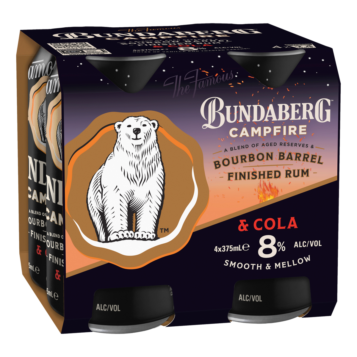 Bundaberg Campfire Bourbon Barrel Rum & Cola 8% 375ml Can 4 Pack