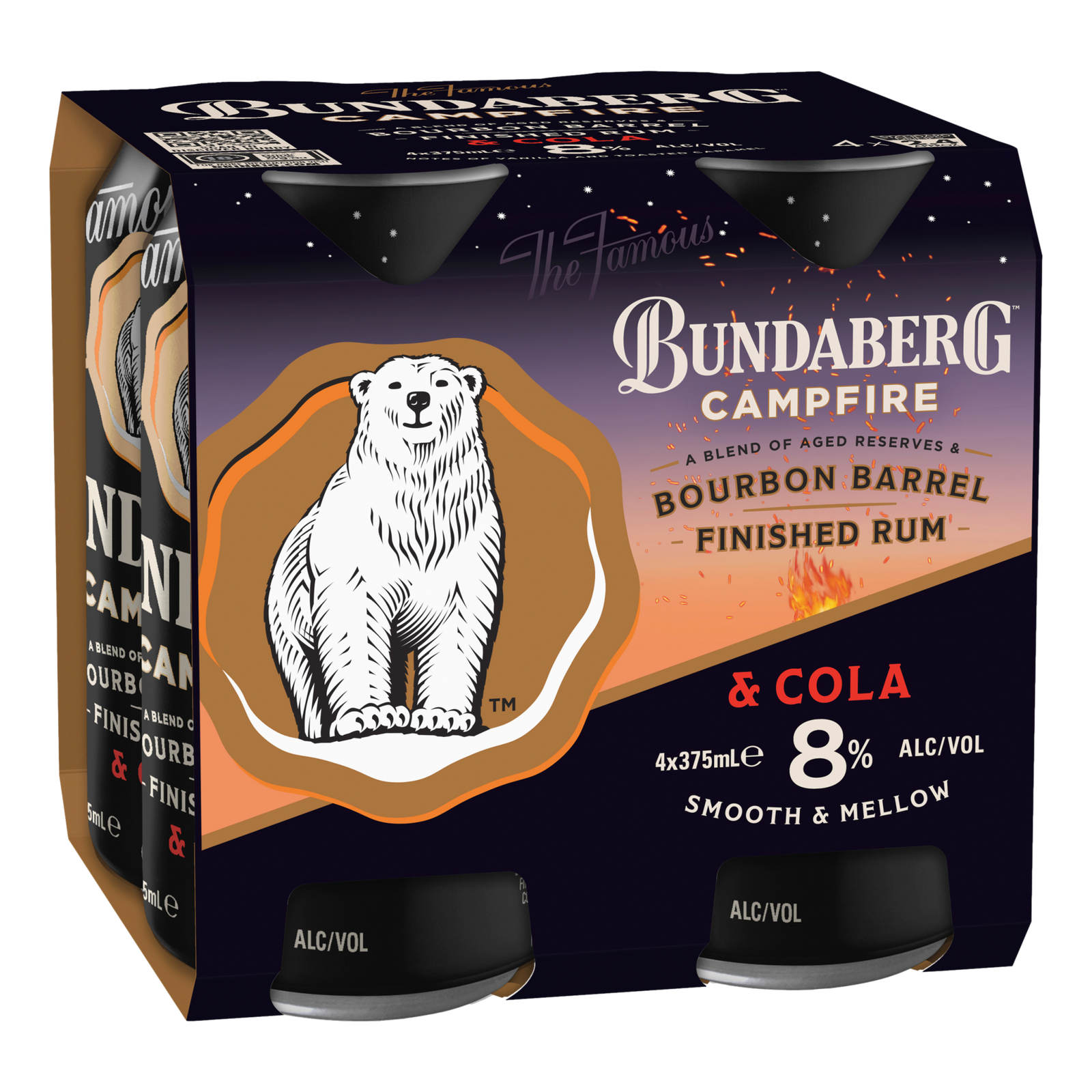 Bundaberg Campfire Bourbon Barrel Rum & Cola 8% 375ml Can 4 Pack