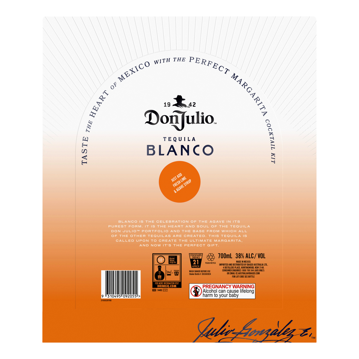 Don Julio Blanco Tequila 700ml w Cocktail Shaker GIFT PACK 700ml