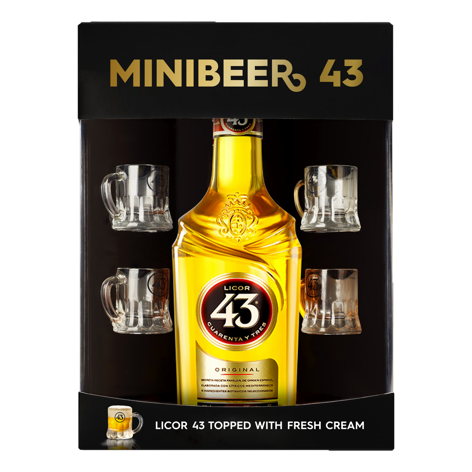Licor 43 Original Spanish Liqueur 700ml with 4 x Mini Beer Mugs GIFT PACK