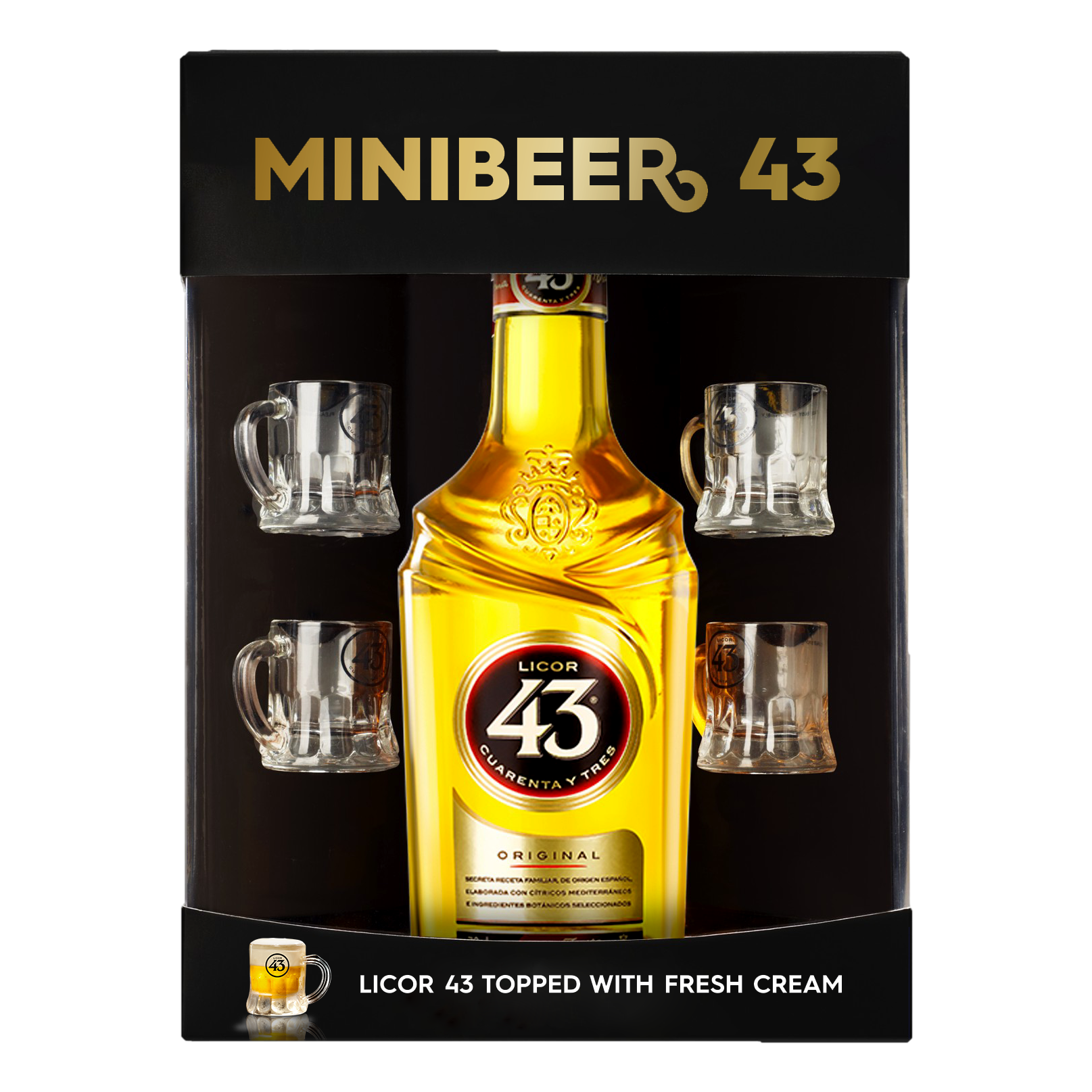 Licor 43 Original Spanish Liqueur 700ml with 4 x Mini Beer Mugs GIFT PACK