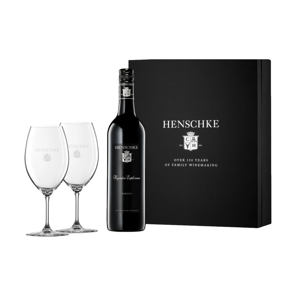 Henschke Keyneton Euphonium Shiraz Blend with 2 Plumm Wine Glasses Gift Box