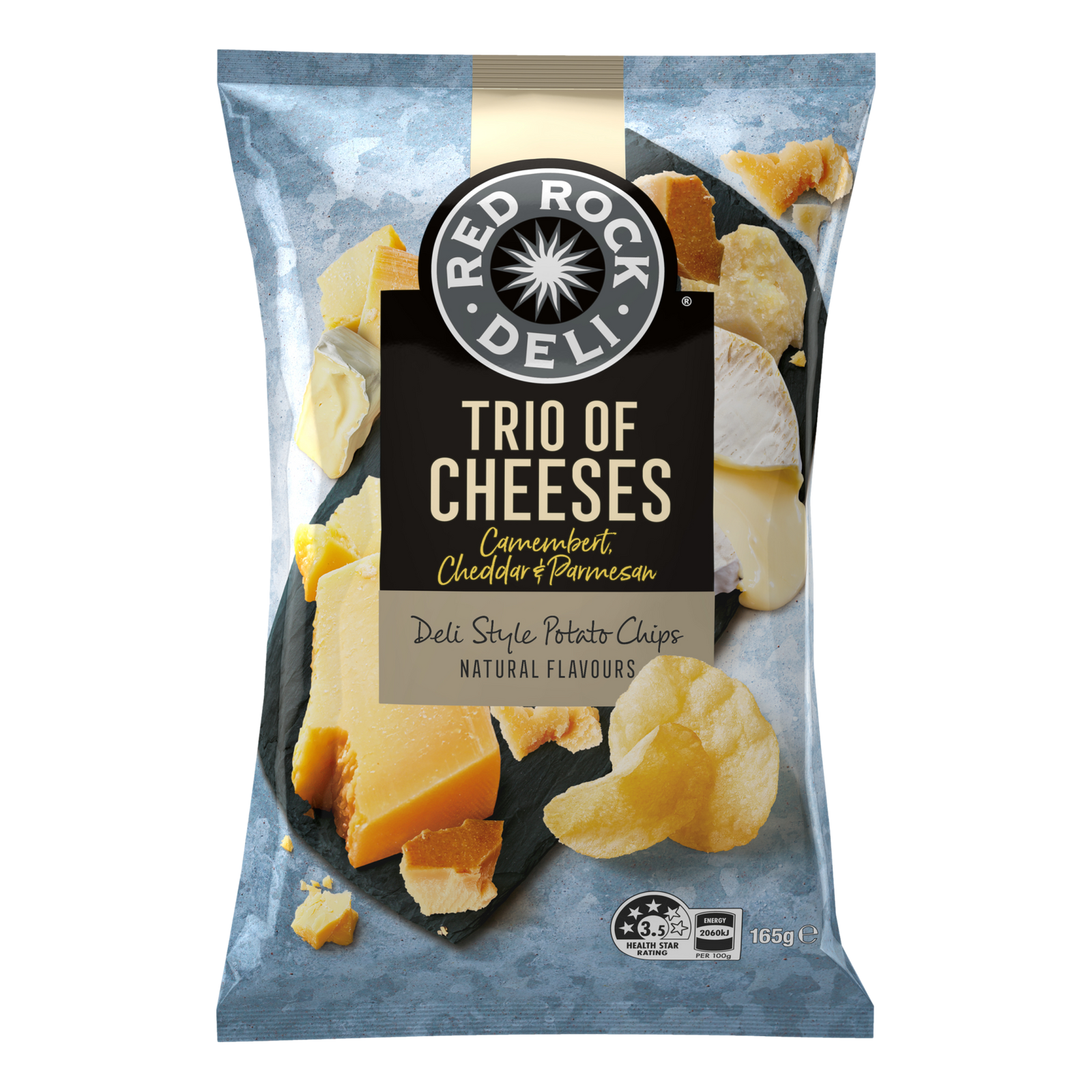 Red Rock Deli Trio of Cheeses Cheddar Parmesan & Brie Potato Chips 165g