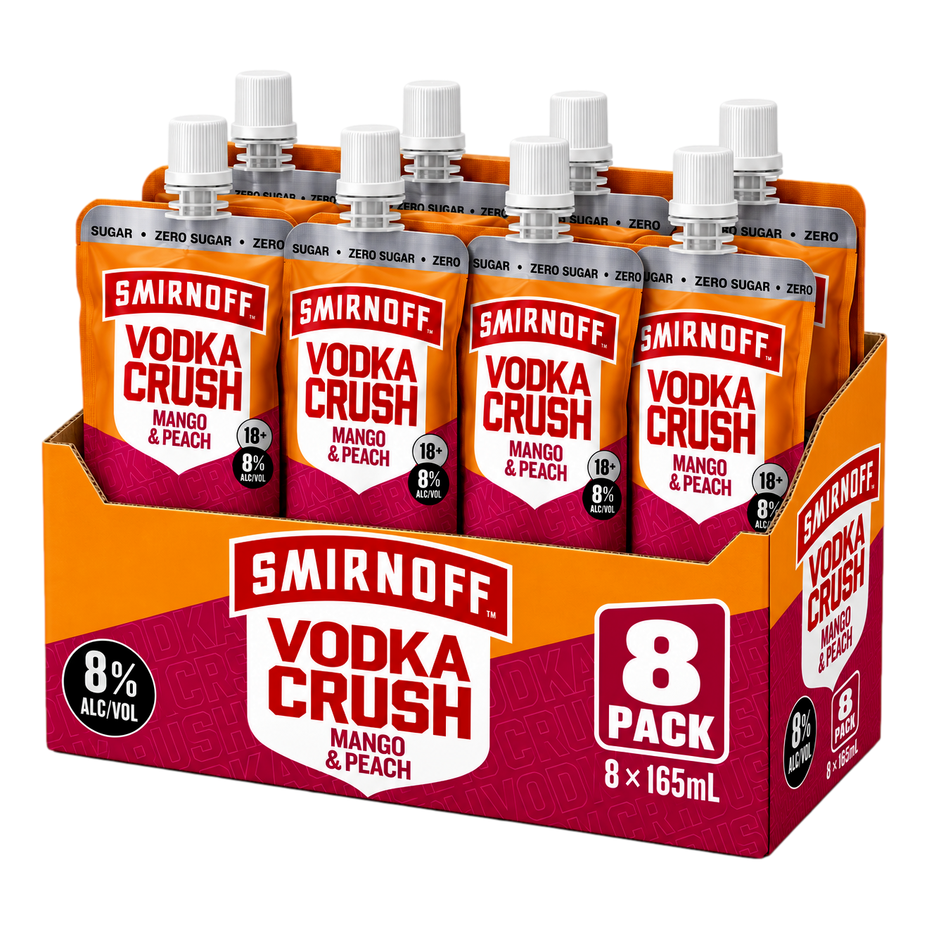 Smirnoff Vodka CRUSH Mango & Peach ZERO SUGAR 8% 165ml Pouch Case of 8
