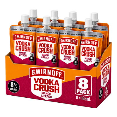 Smirnoff Vodka CRUSH Mango & Peach ZERO SUGAR 8% 165ml Pouch Case of 8