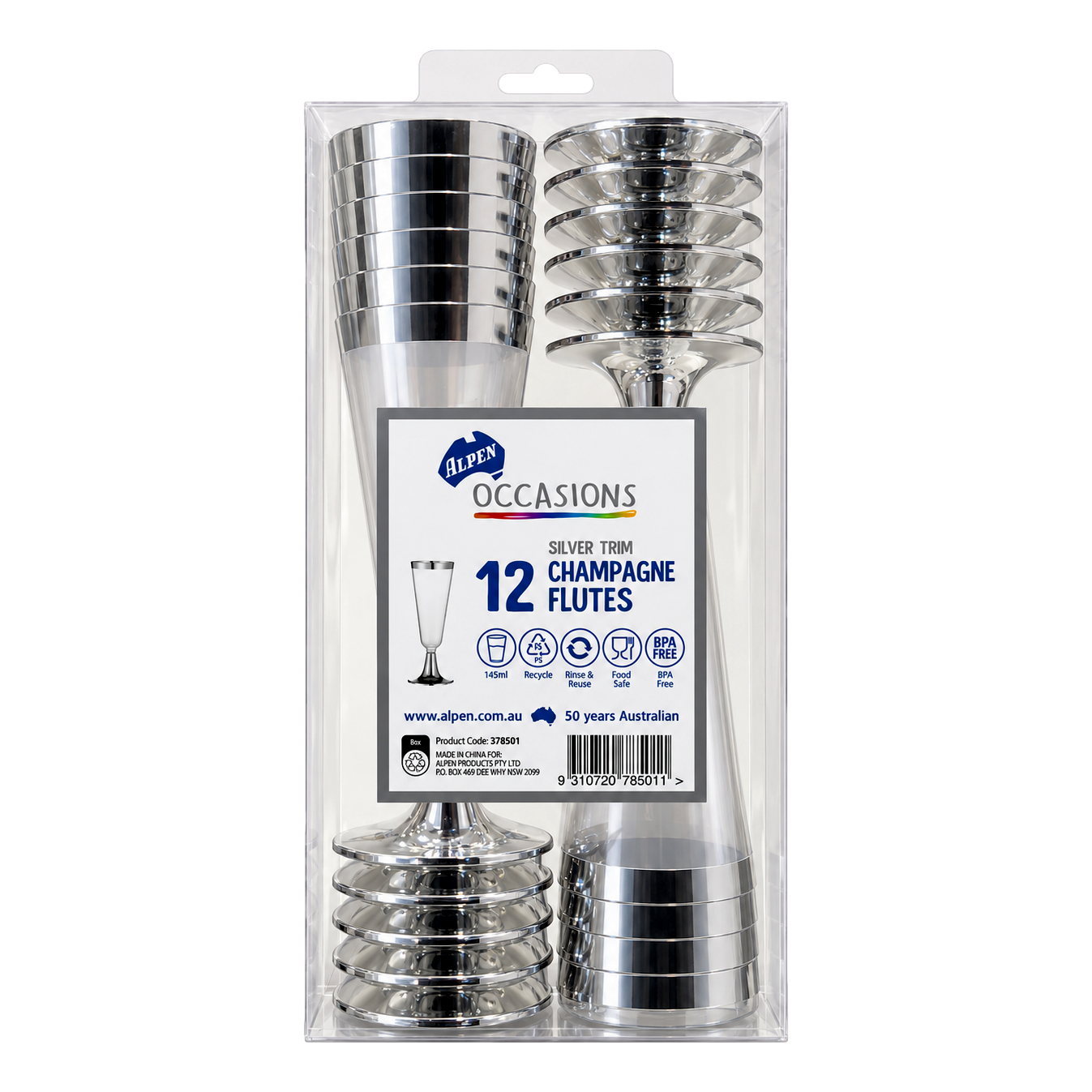 Alpen Silver Trim Plastic Champagne Flute 177ml 12 Pack