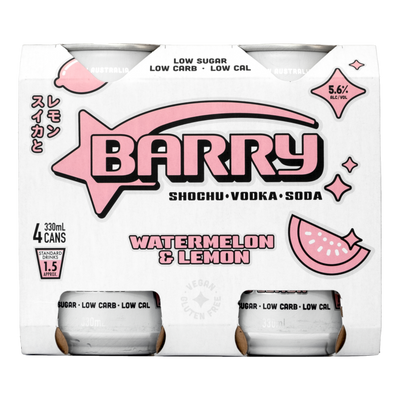 Barry Watermelon & Lemon Shochu Vodka Soda 330ml Can 4 Pack