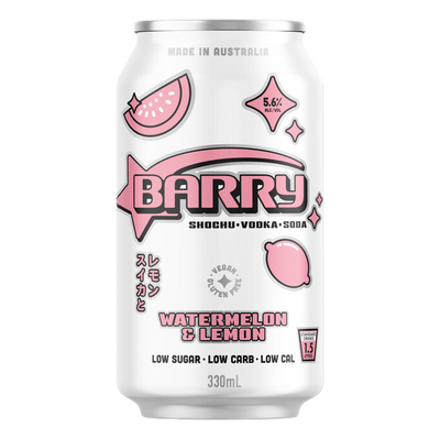 Barry Watermelon & Lemon Shochu Vodka Soda 330ml Can 4 Pack