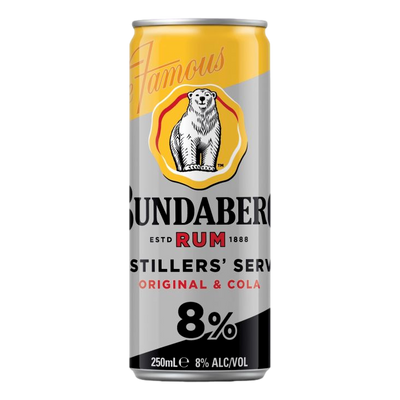 Bundaberg Distillers Serve & Cola 8% 250ml Can 4 Pack