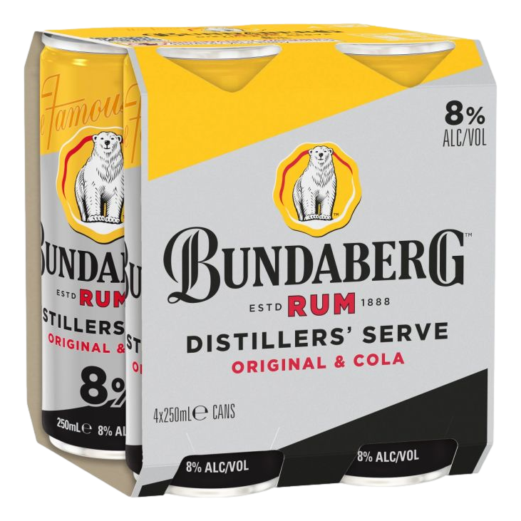 Bundaberg Distillers Serve & Cola 8% 250ml Can 4 Pack