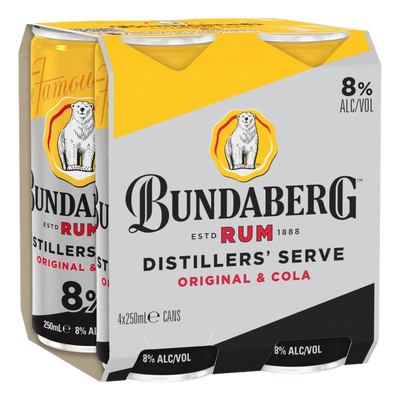 Bundaberg Distillers Serve & Cola 8% 250ml Can 4 Pack